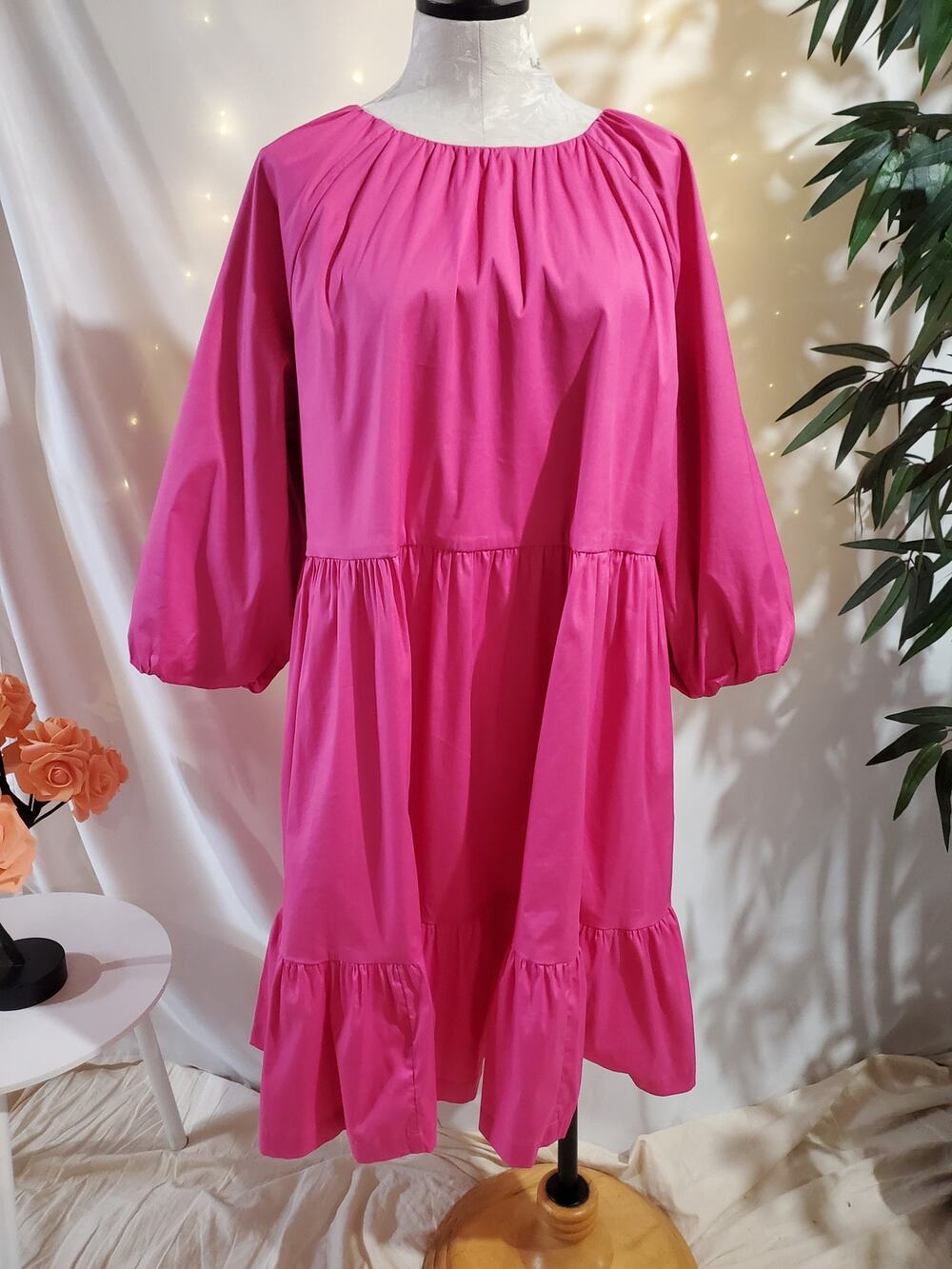 Chicos Poplin Balloon Sleeve Tiered Dress Size 3 US 16 XL Hot Pink Pockets Party